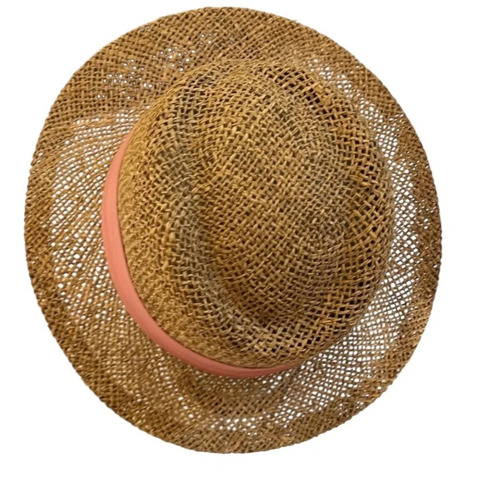 Liz Claiborne tan straw fedora hat with pink ribbon , perfect for summer